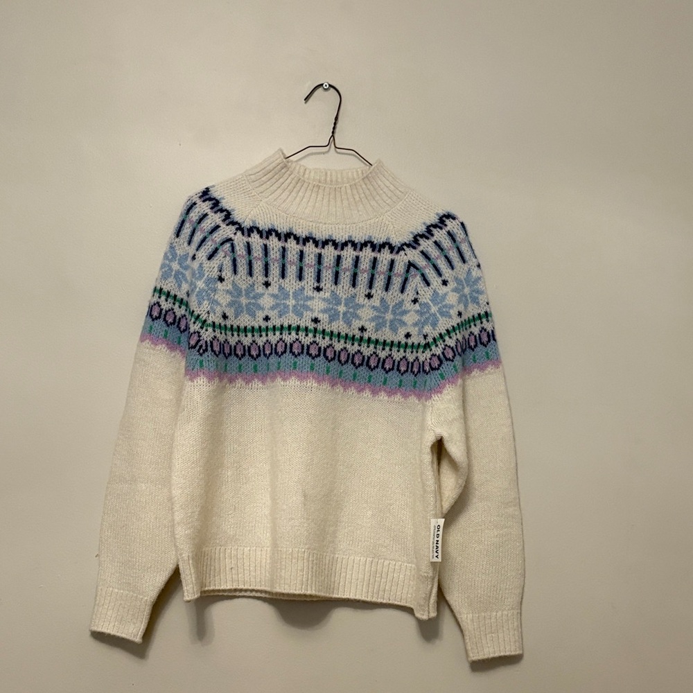 Old Navy Cream Sweater with Blue and Purple Pattern